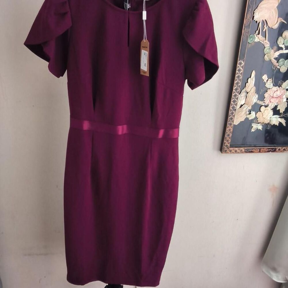 AISIZE Burgundy Vintage-Inspired Cocktail Dress with Ruffled Sleeves